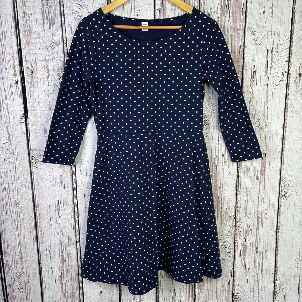 Old Navy Size Medium Navy Blue White Polka Dot Dress Scoop Neck Fit &‎ Flare